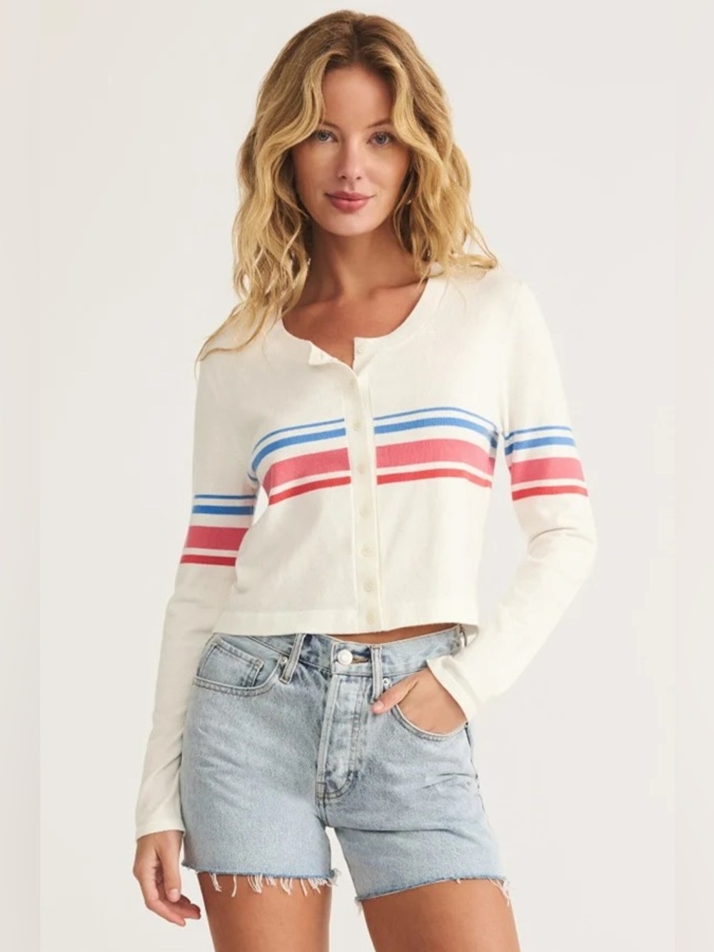 NEW Z SUPPLY Studio Cardigan White Blue Red Striped Button Up Sweater L & XL
